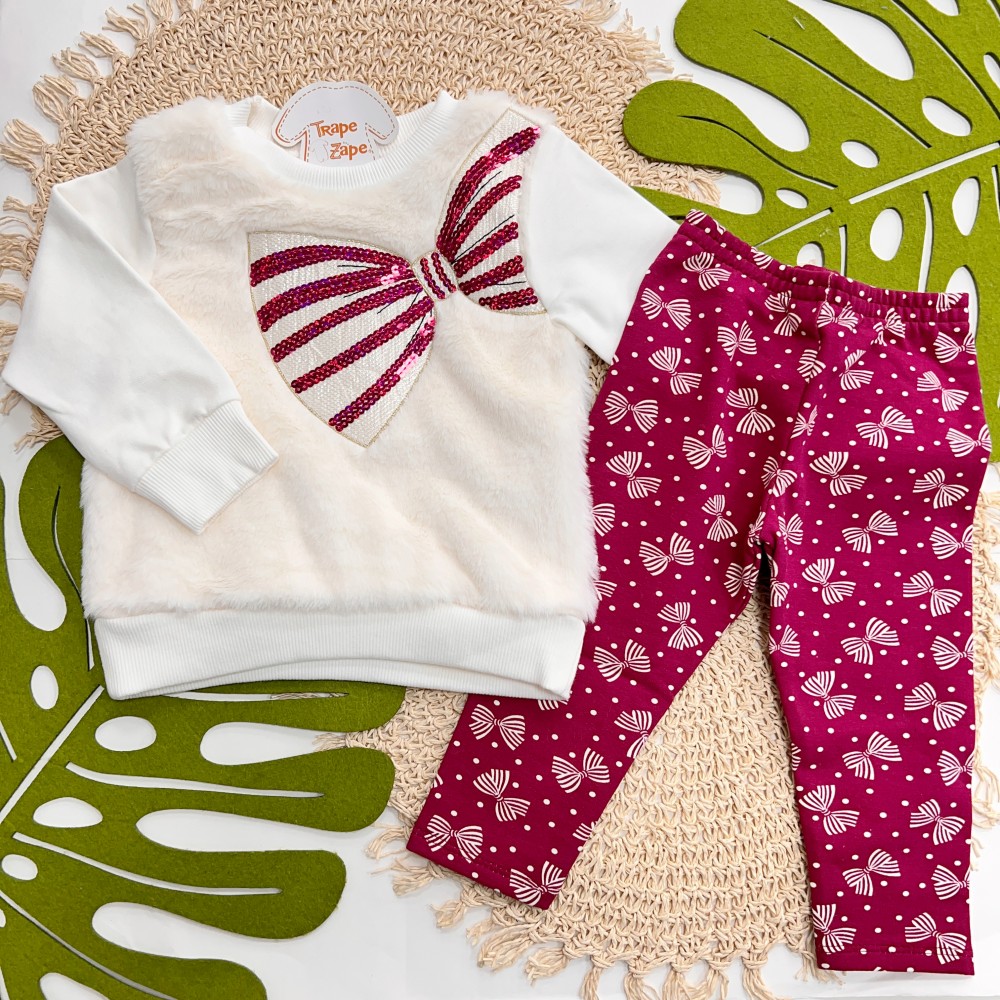 Inverno 2025 - Conj. Casaco Pelinho e Legging Laços - Off White e Bordô