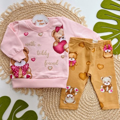 Inverno 2025 - Conj. Casaco "With a Teddy Friend" e Legging Ursas - Rosa