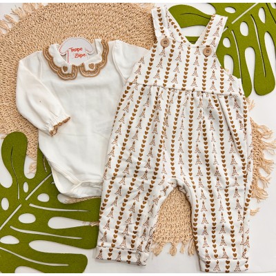 Inverno 2025 - Conj. Body Gola em Lese e Jardineira Corações Paris - Off White