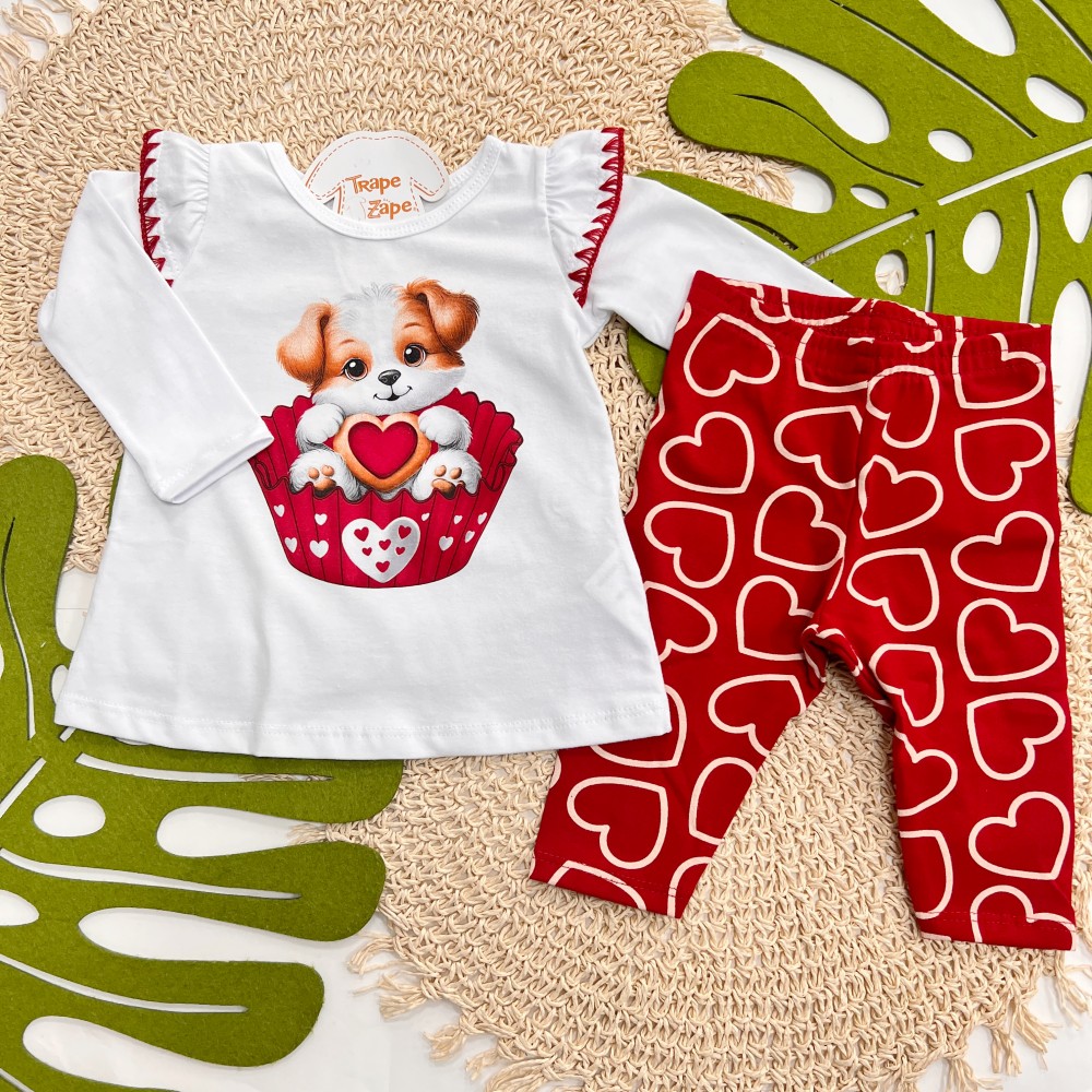  Inverno 2025 - Conj. Blusa Cachorrinho e Legging Corações - Branco e Vermelho