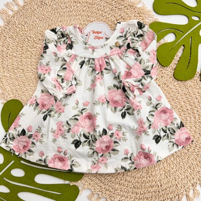  Inverno 2025 - Vestido Manga Longa Floral - Off White e Rose