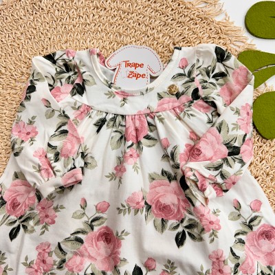  Inverno 2025 - Vestido Manga Longa Floral - Off White e Rose