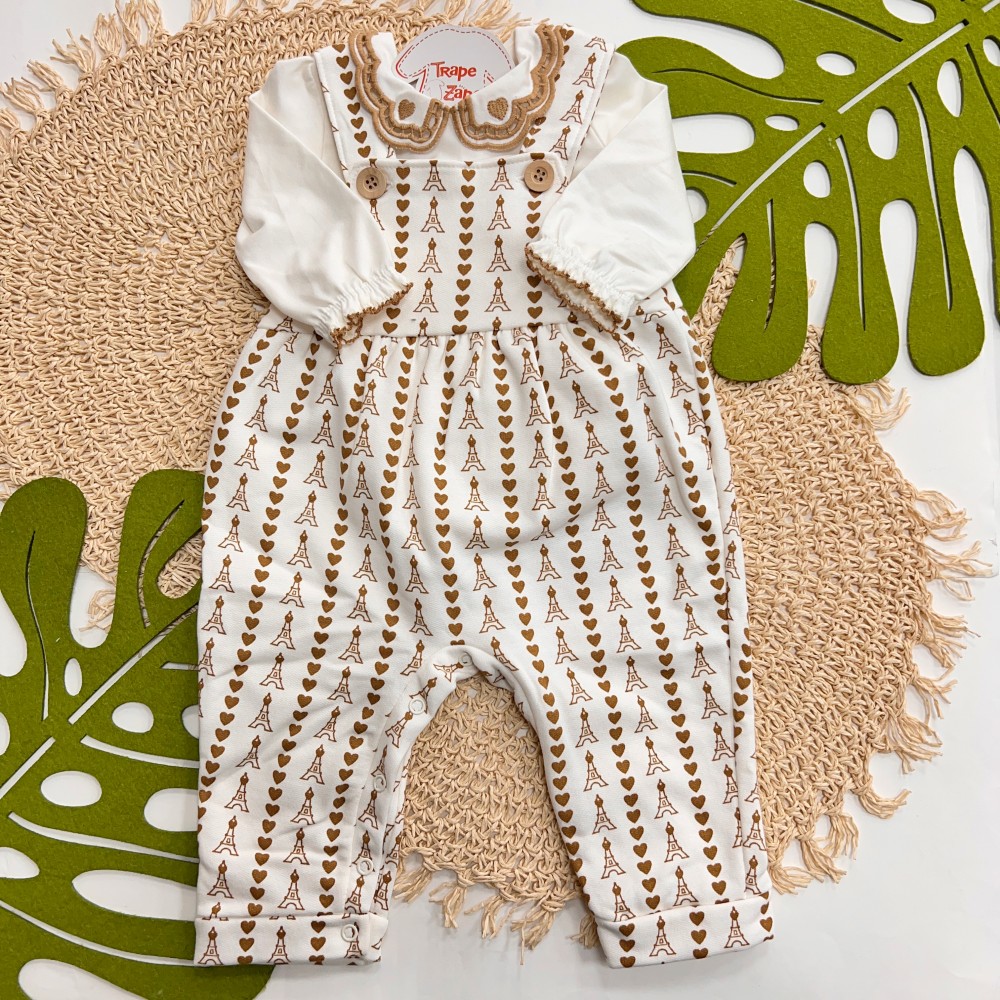 Inverno 2025 - Conj. Body Gola em Lese e Jardineira Corações - Off White