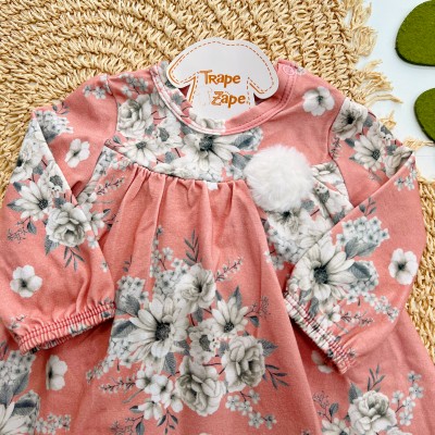 Inverno 2025 - Vestido Manga Longa Floral com Pompom - Rose