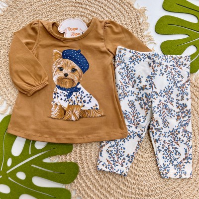 Inverno 2025 - Conj. Blusa Yorkshire e Legging Plantinhas - Marrom e Azul