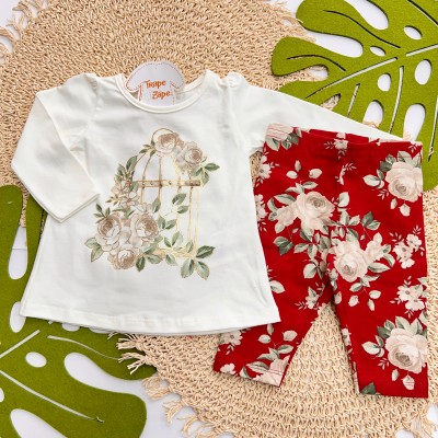 Inverno 2025 - Conj. Blusa Gaiola e Calça Legging Floral - Off White e Vermelho