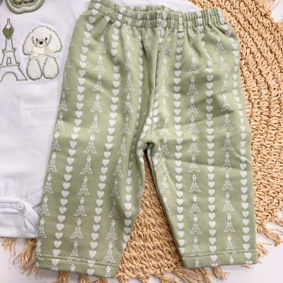 Inverno 2025 - Conj. Body Poodles Paris com Gola em Lese e Calça em Moletom - Off White e Verde