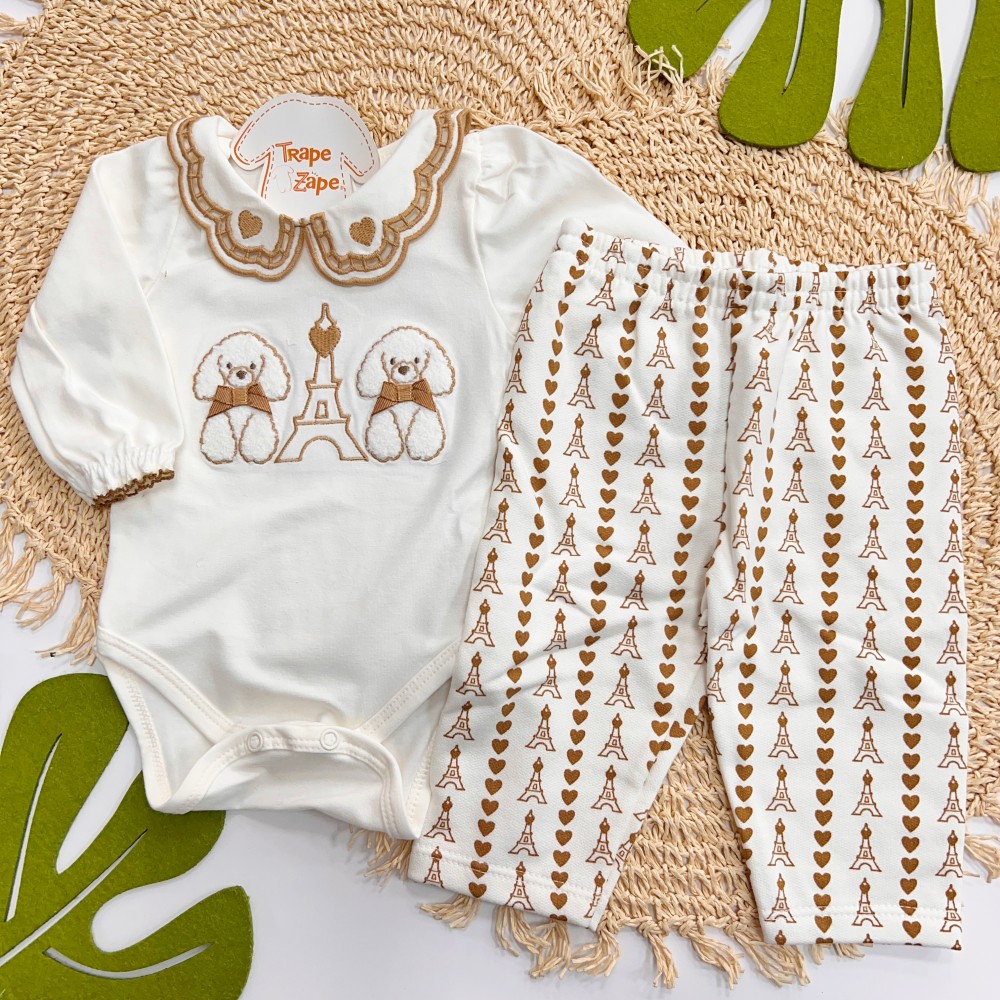 Inverno 2025 - Conj. Body Poodles com Gola em Lese e Calça em Moletom - Off White e Marrom