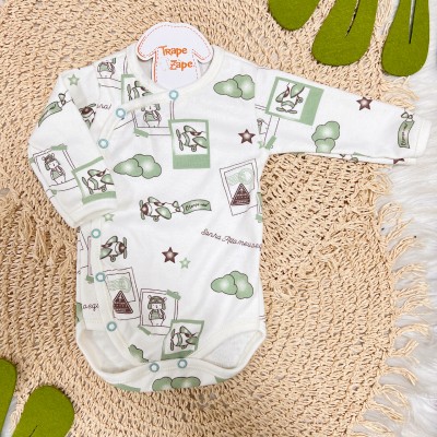 Body Kimono Manga Longa - Aviador - Off White e Verde