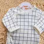 Body Kimono Manga Longa - Quadriculado - Off White e Azul Jeans
