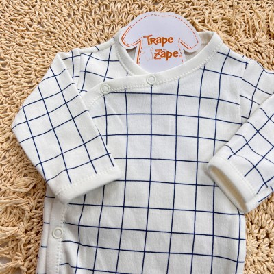 Body Kimono Manga Longa - Quadriculado - Off White e Azul Jeans