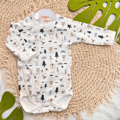 Body Kimono Manga Longa - Ursinho e Coelhinho - Off White e Bege