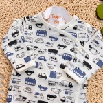 Body Kimono Manga Longa - Carrinhos - Off White e Azul Jeans