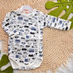 Body Kimono Manga Longa - Carrinhos - Off White e Azul Jeans