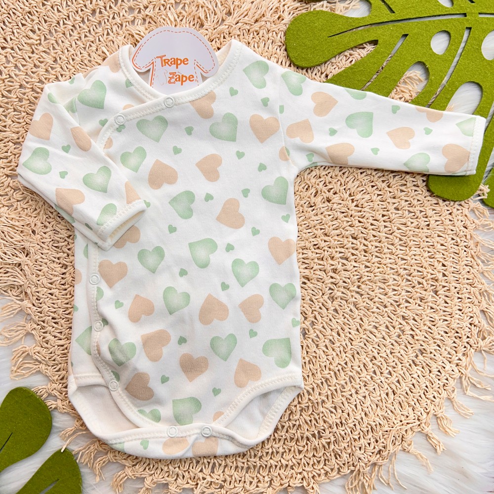 Body Kimono Manga Longa - Corações Grande - Off White e Verde