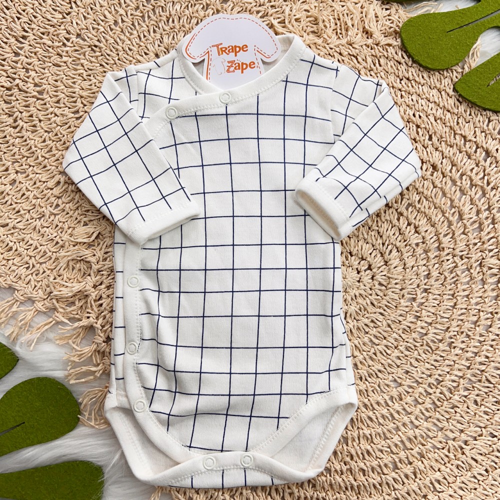 Body Kimono Manga Longa - Quadriculado - Off White e Azul Jeans