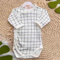 Body Kimono Manga Longa - Quadriculado - Off White e Azul Jeans