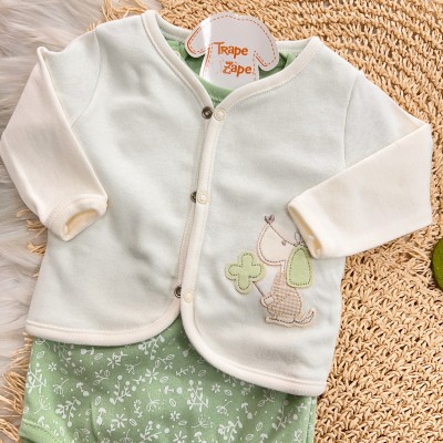  Conjunto de Malha 3 peças - Doguinha Trevo - Off White e Verde