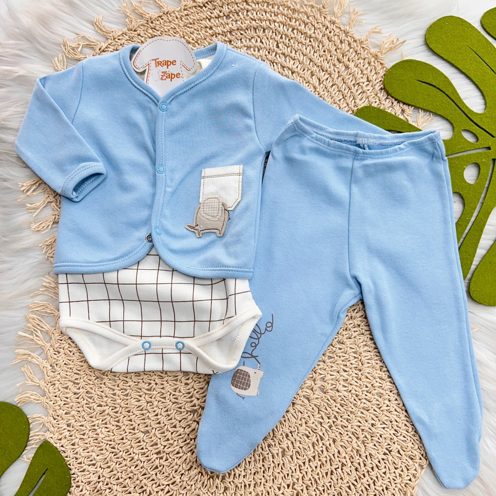 Conjunto de Malha 3 peças - Elefantinho - Azul Bebê e Off White