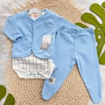 Conjunto de Malha 3 peças - Elefantinho - Azul Bebê e Off White