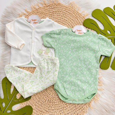  Conjunto de Malha 3 peças - Doguinha Trevo - Off White e Verde