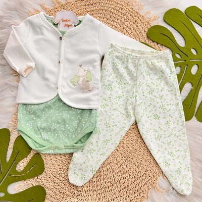  Conjunto de Malha 3 peças - Doguinha Trevo - Off White e Verde
