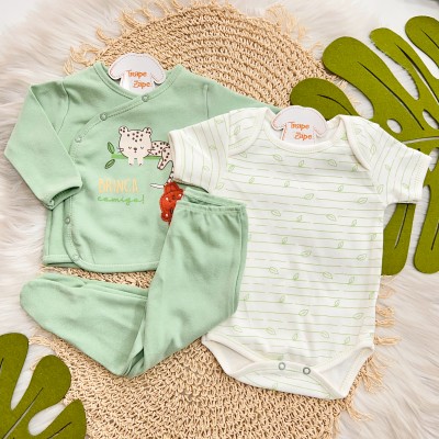 Conjunto de Malha 3 peças - Brinca Comigo - Verde e Off White