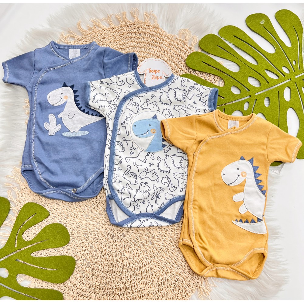 Kit 3 Peças - Bodys Manga Curtas Dinossauro - Azul Jeans, Mostarda e Off White