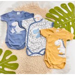 Kit 3 Peças - Bodys Manga Curtas Dinossauro - Azul Jeans, Mostarda e Off White