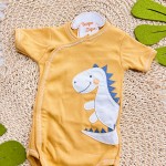 Kit 3 Peças - Bodys Manga Curtas Dinossauro - Azul Jeans, Mostarda e Off White