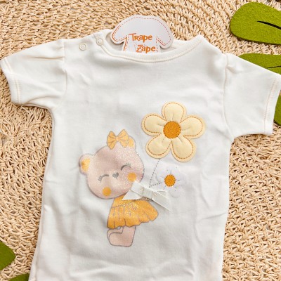 Kit 3 Peças - Bodys Manga Curtas Ursinha Adoro Flores - Amarelo e Off White