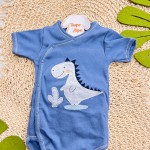 Kit 3 Peças - Bodys Manga Curtas Dinossauro - Azul Jeans, Mostarda e Off White