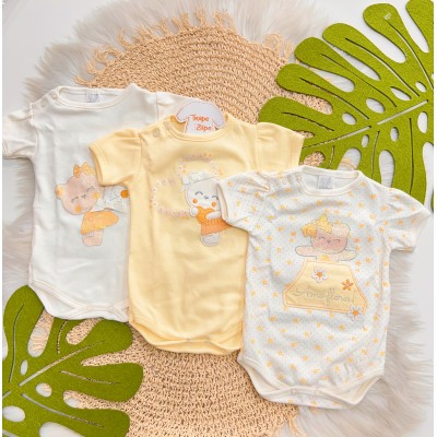 Kit 3 Peças - Bodys Manga Curtas Ursinha Adoro Flores - Amarelo e Off White