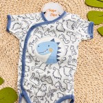 Kit 3 Peças - Bodys Manga Curtas Dinossauro - Azul Jeans, Mostarda e Off White