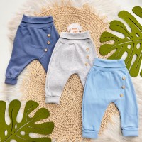 Kit 3 Calças - Pandinha no Bumbum Saruel - Azul Jeans, Azul Bebê e Mescla