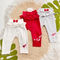 Kit 3 Calças - Flores com Poá - Mescla, Off White e Vermelho