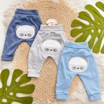 Kit 3 Calças - Pandinha no Bumbum Saruel - Azul Jeans, Azul Bebê e Mescla