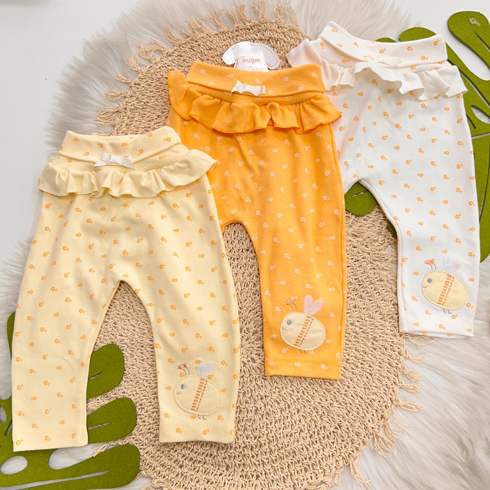 Kit 3 Calças - Abelhinhas com Flores - Laranja, Amarelo e Off White