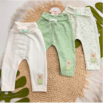  Kit 3 Calças - Vaso de Flores - Verde e Off White