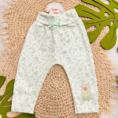  Kit 3 Calças - Vaso de Flores - Verde e Off White