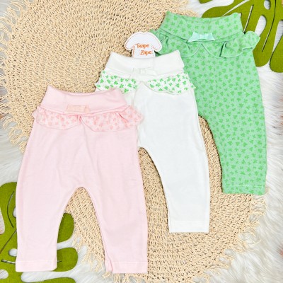 Kit 3 Calças - Folhinhas - Verde, Off White e Rose