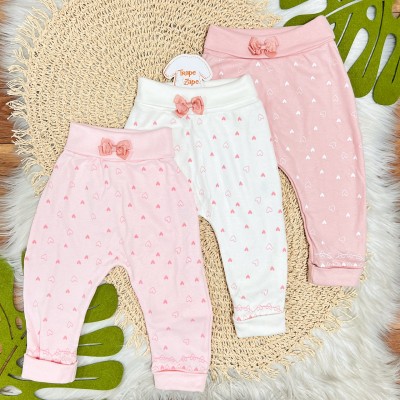 Kit 3 Calças - Mini Corações - Rosa, Off White, Rose