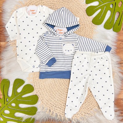 Kit 3 Peças com Casaco - Teddy - Off White e Azul Jeans