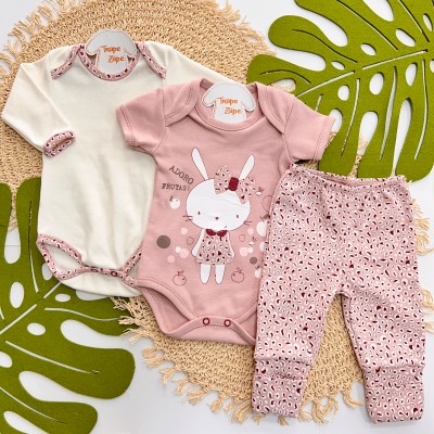  CONJ. DE MALHA 3 PEÇAS - Coelhinha Adoro Frutas - Off White e Rose
