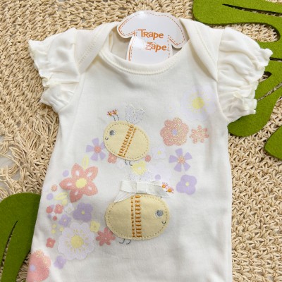 CONJUNTO DE MALHA 3 PEÇAS - Abelhinhas com Flores - Lilás e Off White