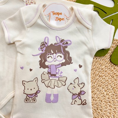 CONJ. DE MALHA 3 PEÇAS - Menininha com Cachorrinhos - Off White e Lilás
