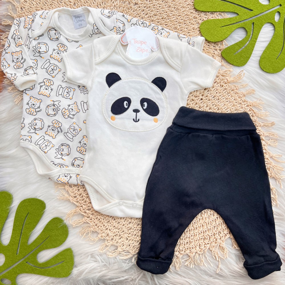  CONJ. DE MALHA 3 PEÇAS - Urso Panda - Off White e Preto