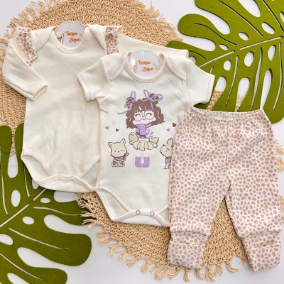 CONJ. DE MALHA 3 PEÇAS - Menininha com Cachorrinhos - Off White e Lilás