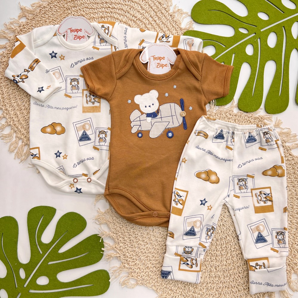 CONJ. DE MALHA 3 PEÇAS - Ursinho Aviador - Off White e Marrom