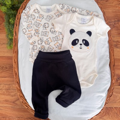  CONJ. DE MALHA 3 PEÇAS - Urso Panda - Off White e Preto